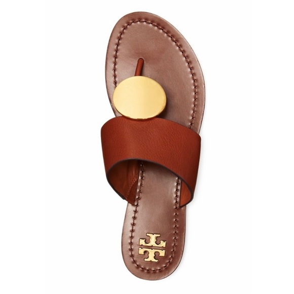Tory Burch Patos DisK Flat Sandal Slip On Thong Leather Brown Goldtone Open Toe - Picture 3 of 12